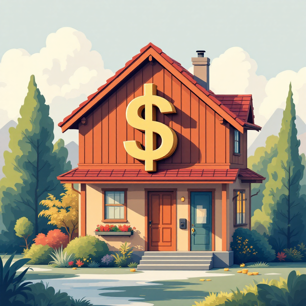 Cozy house with a dollar sign roof ornament, surrounded by trees